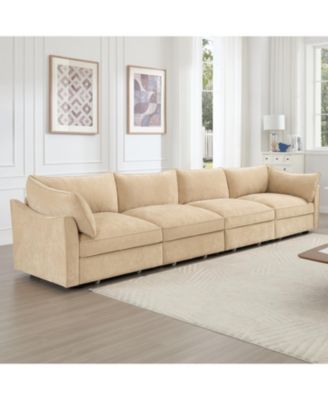  Chenille 4-Seater Sofa w/ Underseat Drawers & Crescent Arms - Wheat