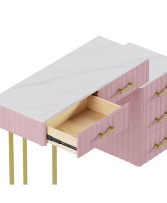 Velvet Vanity Desk Set, Marble Top, Adjustable Storage, Pink