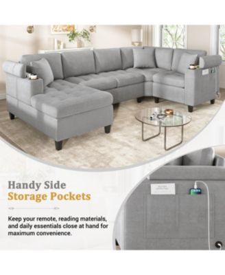 Modern U-Shaped Sectional Sofa with USB & Storage, Beige
