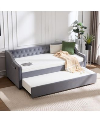  Twin Upholstered Daybed with Trundle, USB, Pockets, Velvet, Button Tufted