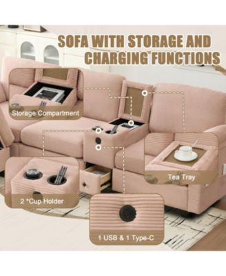 L-Shape Corduroy Sofa- 4-Seater, USB, Storage, Console & Ottoman
