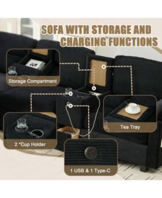 L-Shape Corduroy Sofa- 4-Seater, USB, Storage, Console & Ottoman