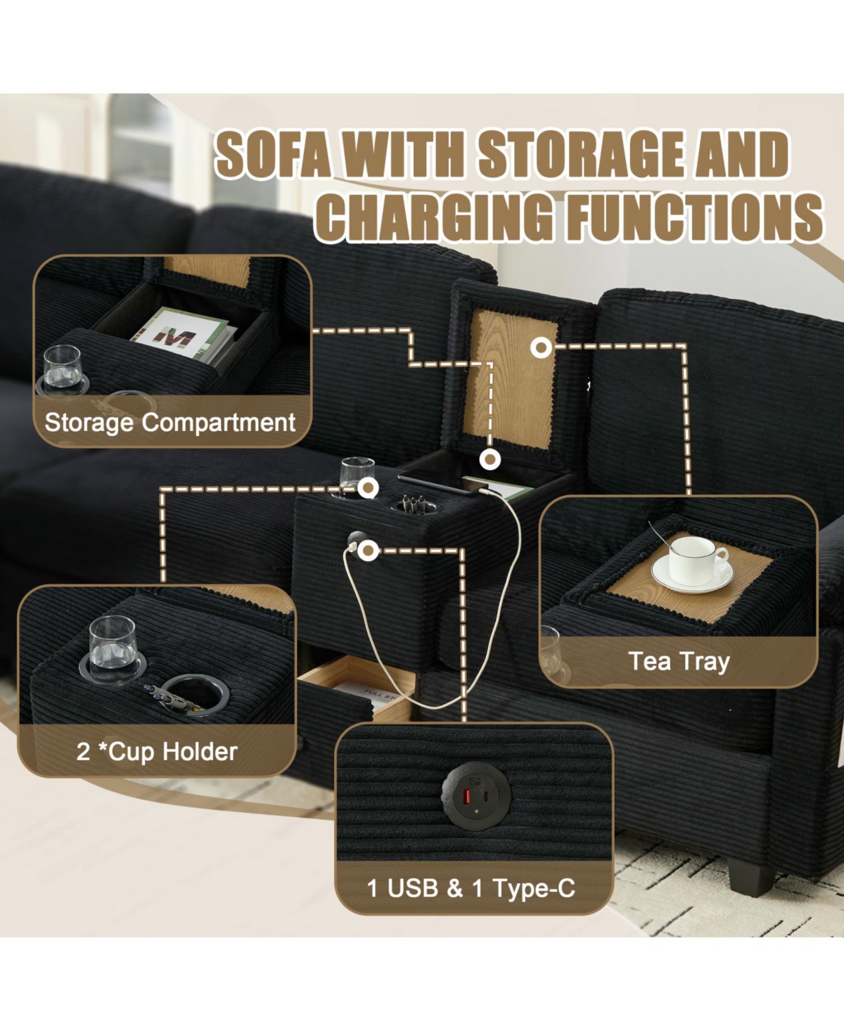 Streamdale Furniture L-Shape Corduroy Sofa- 4-Seater, Usb, Storage