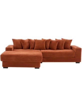 Corduroy L-Shaped Sectional Sofa Bed w/ Footstool, Pillows & Cup Holders