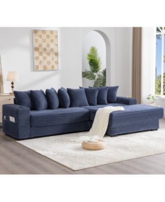  Corduroy L-Shaped Sectional Sofa with Ottoman, Pillows, & Cup Holders - Blue