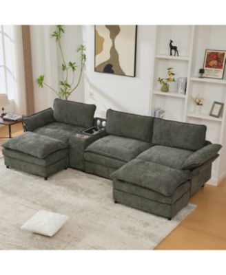 U-Shaped Sectional Sofa- Storage, Wireless Charging, Bluetooth, Green