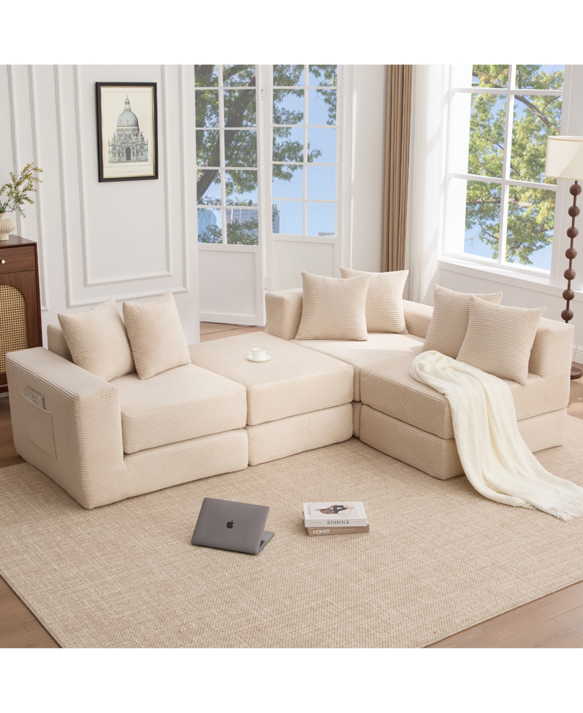 Streamdale Furniture Convertible Corduroy Sectional Sofa with Pillows