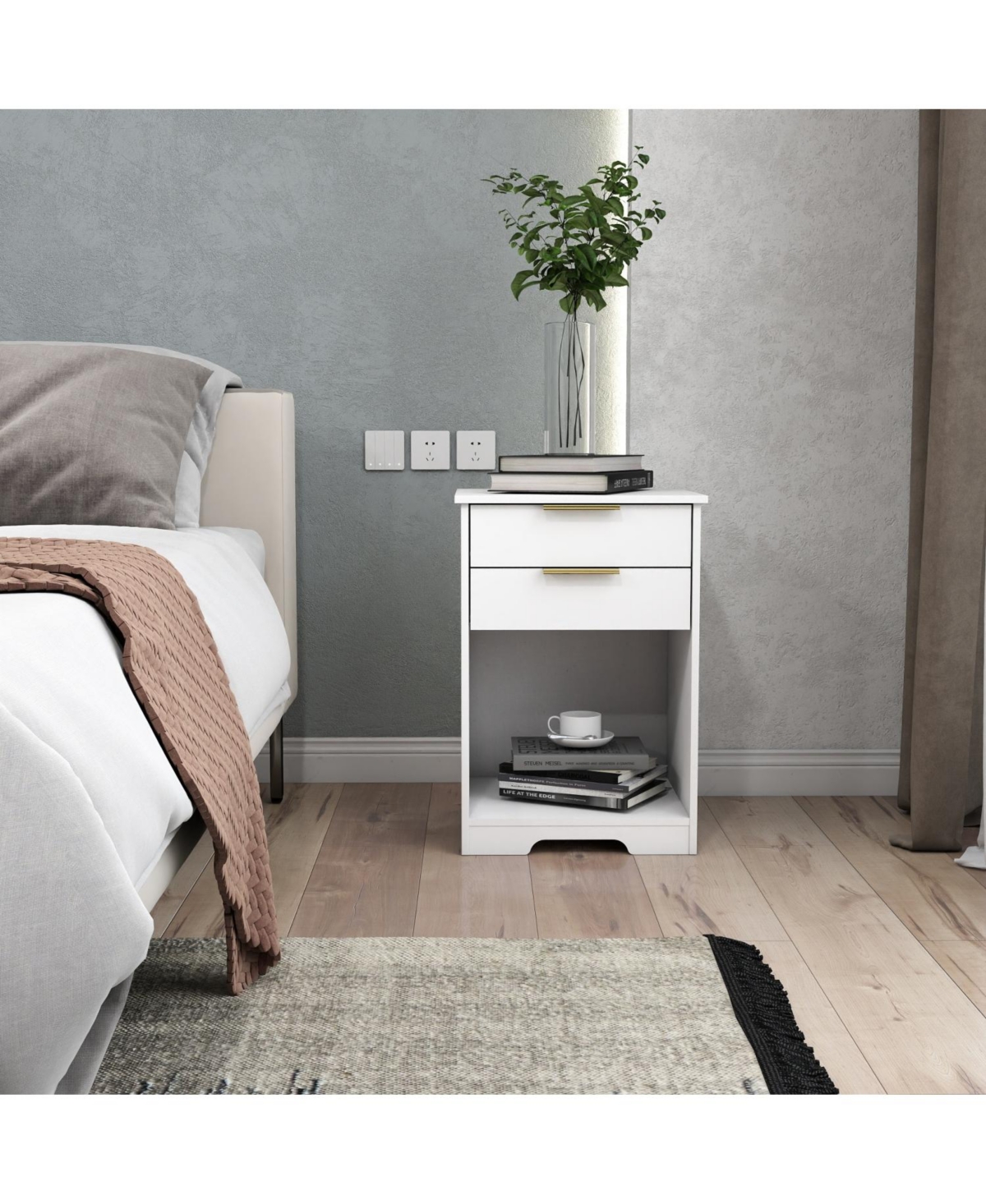 Streamdale Furniture White Nightstand with 2 Drawers & Golden Handle