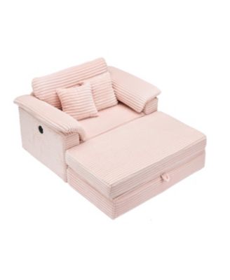 Corduroy Armchair + Storage Stool Set w/ USB - Pink