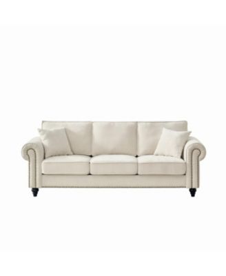 86" Modern 3-Seater Chenille Sofa with Rolled Arms & Nailhead Trim - Beige