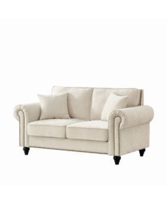  63" Modern Chenille Sofa - Rolled Arms, Nailhead Trim - Beige