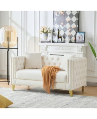 58" Chesterfield Velvet Sofa, 2 Seater, Button Nailhead, Beige