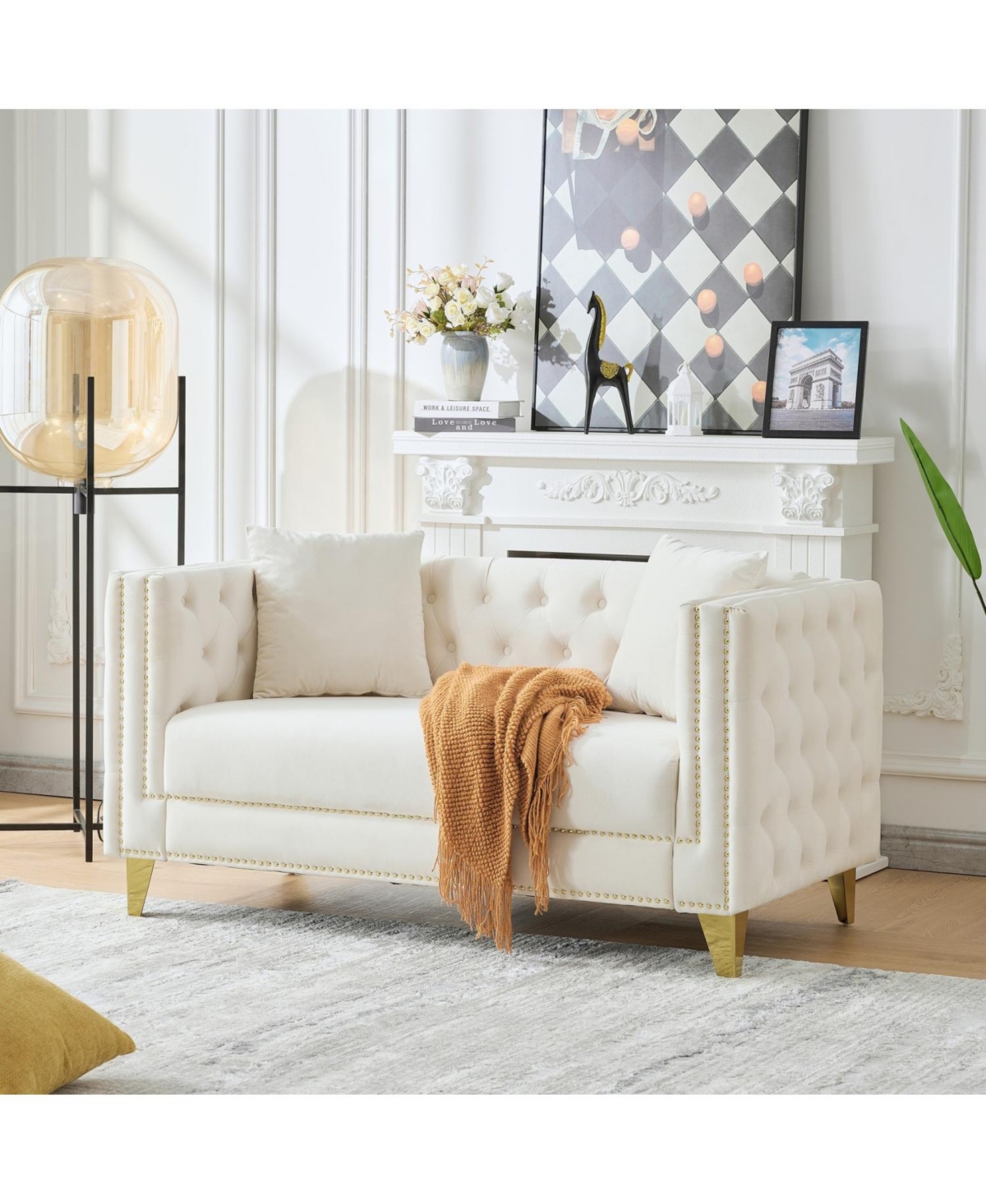 Streamdale Furniture 58" Chesterfield Velvet Sofa, 2 Seater, Button Nailhead, Beige