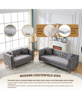 Chesterfield Velvet Sofa, 3+2-Seater, Button Nailhead, Grey