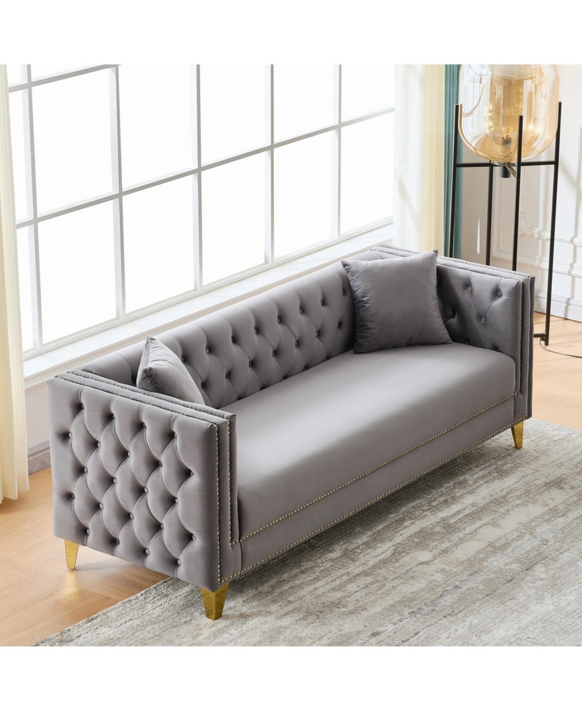 Streamdale Furniture Chesterfield Velvet Sofa, 3+3 Seater, Button Nailhead, Square Arm
