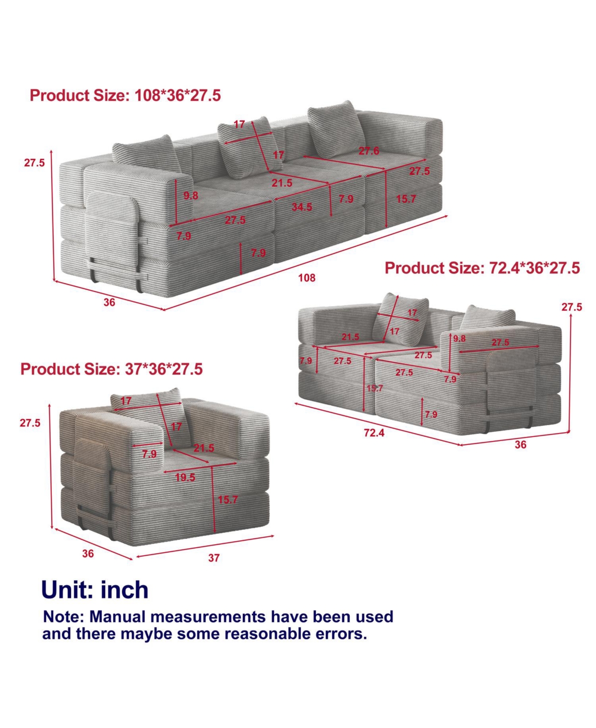 Streamdale Furniture Corduroy Folding Sofa Bed with Storage & Cushions