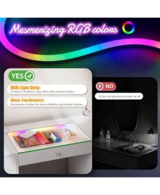 51.2" RGB LED Vanity Desk, Modern Glass Top Makeup Table with 11 Drawers