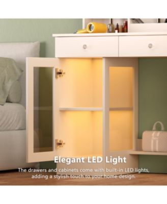 Vanity Desk with Lighted Mirror, USB Power, Drawers & Cabinet (White)