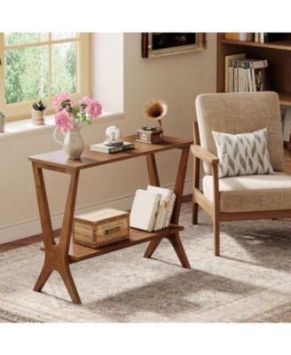 Solid Wood End Table for Living Room, 2-Tier Storage Shelves Sofa Couch Side Table with Sturdy Legs