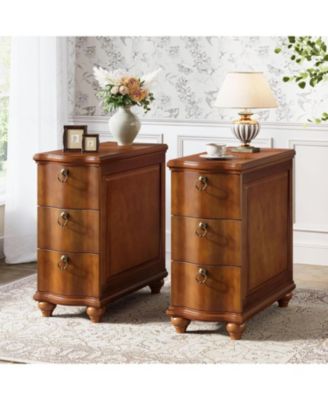 Wood Fully Assembled End Table Set of 2, 3-Drawers Narrow Slim Side Table, No Assembly Required, Nightstand