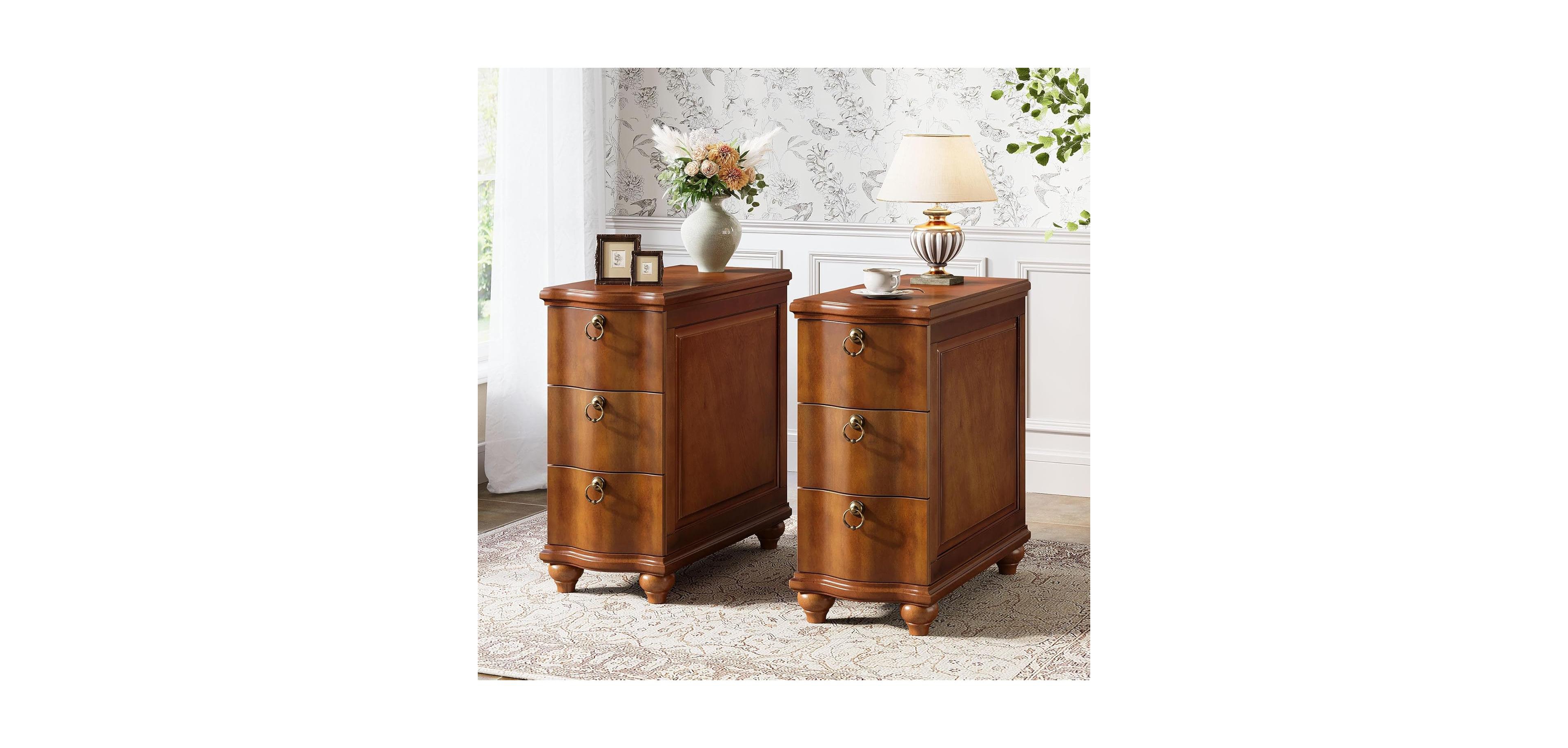 Tribesigns Wood Fully Assembled End Table Set of 2, 3-Drawers Narrow Slim Side Table, No Assembly Required, Nightstand