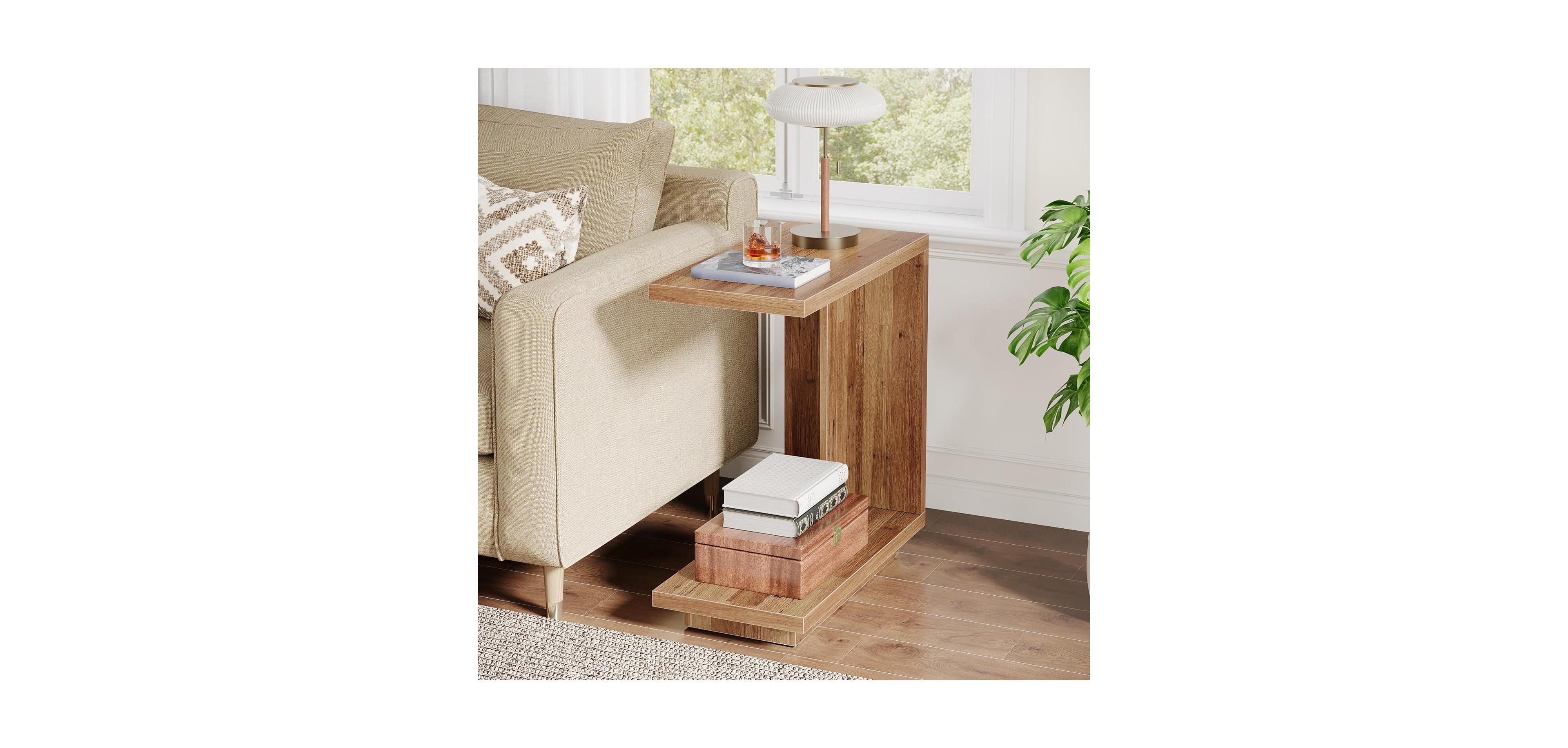 Tribesigns C-Shaped Side Table, 2-Tier Narrow End Wood Bedside Table Nightstand for Bedroom, Industrial Sofa Living Room, Brown