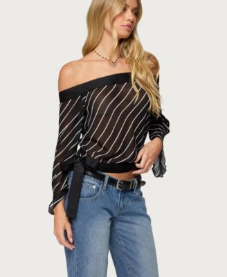 Women's Diagonal Striped Off Shoulder Chiffon Top