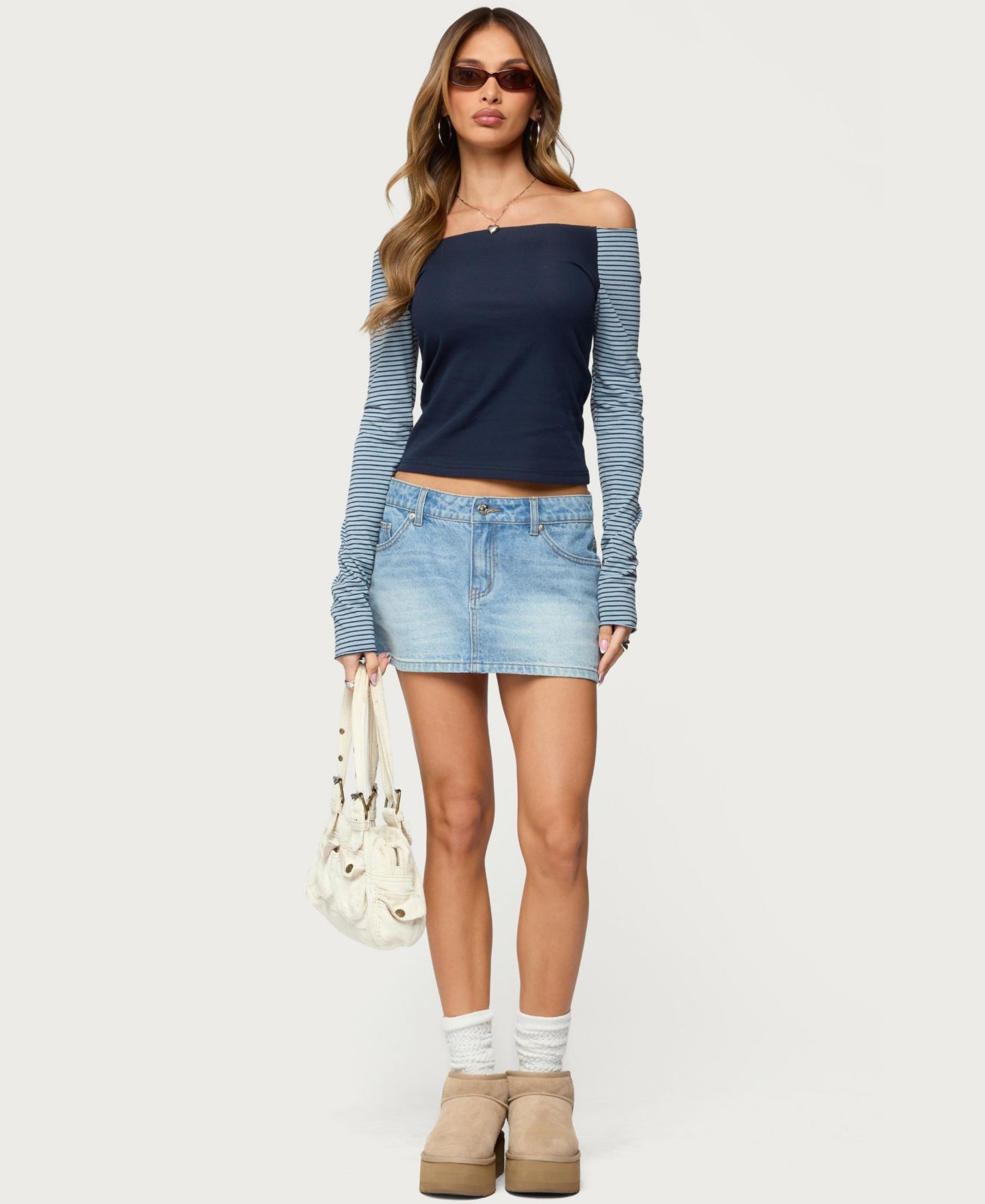 Женский топ Edikted Rion Contrast Striped Off Shoulder, цвет: Тёмно-синий — фото 5