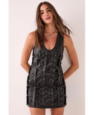 Women's Eyelet Lace Up Faux Leather Mini Dress