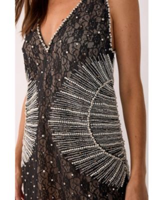 Women's Contrast Lace Plunge Sequin Mini Dress