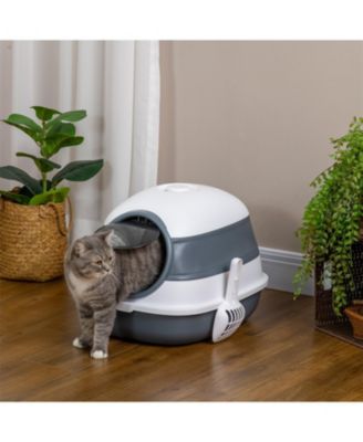 Foldable Cat Litter Box with Lid & High Sides – Large Two-Way Entry, Easy Clean, White & Gray
