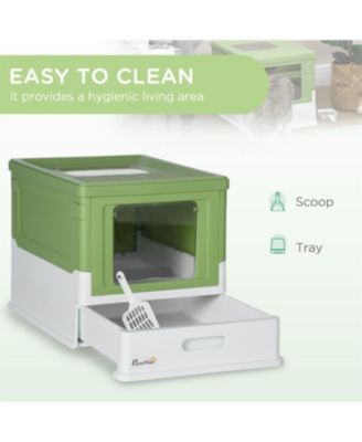 Smell-Proof Fully Enclosed Cat Litter Box with Scoop & Drawer Tray – Foldable Hooded Design,Yellowish Green