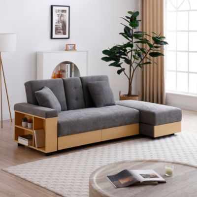 Convertible Sleeper Sofa Couch,Multifunctional Double Folding Sofa Bed,Storage Ottoman and Sofa arm with  box and drawer,Beige