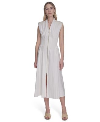 Women's Smock Waist Front Zip Midi Dress