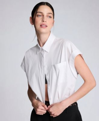 Women's Button Front Collared Cropped Shirt