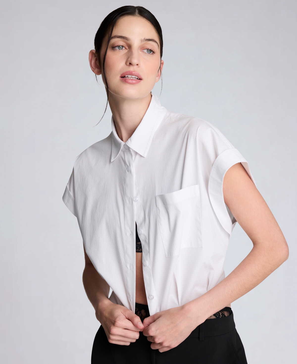 Kenneth Cole Women's Button Front Collared Cropped Shirt