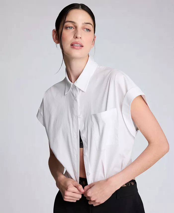 Women's Short-Sleeve Button-Front Collared Cropped Shirt - thumbnail 4