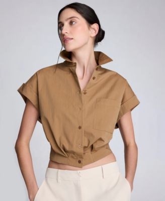Women's Button Front Collared Cropped Shirt