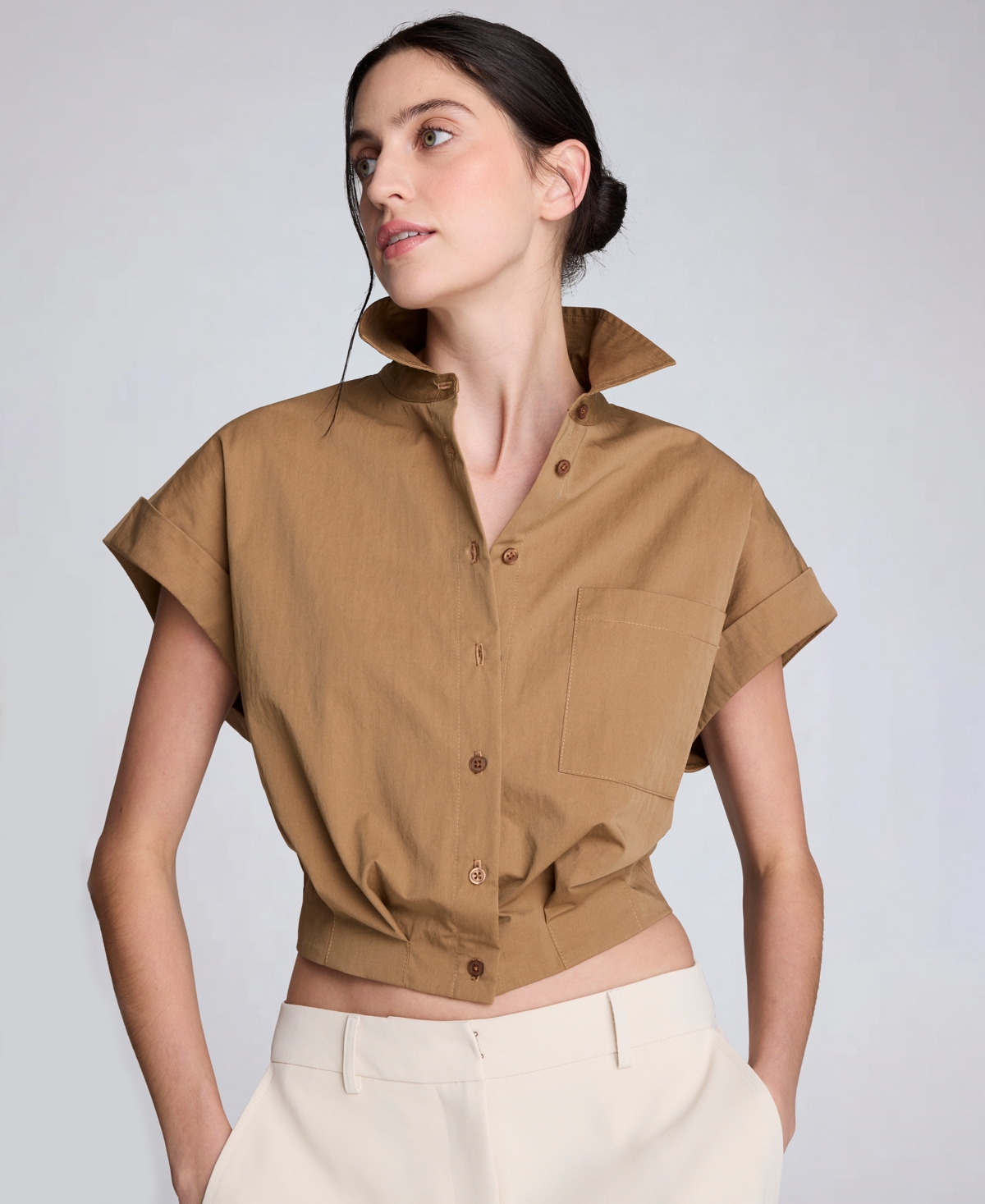 Kenneth Cole Women's Button Front Collared Cropped Shirt