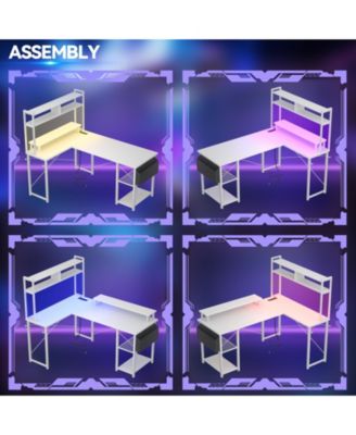 49'' Small L Shaped Desk with Hutch, Reversible Computer Gaming Desk with Outlet and LED Strip