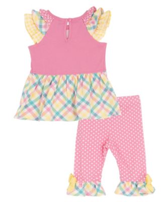 Baby Girls' Bunny Mixed Check Applique Knit Round Neck Top and Polka Dot Leggings, 2-Piece Set