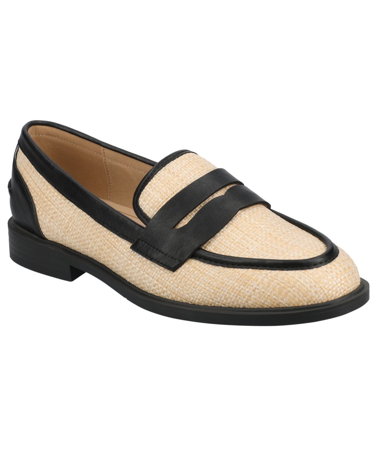 Journee Collection Women's Brooks Block Heel Comfort Penny Loafers - Black/Natural Raffia