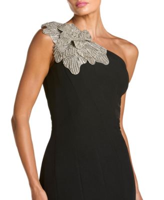 Women's Crepe One Shoulder Mermaid Midi Dress with Flower