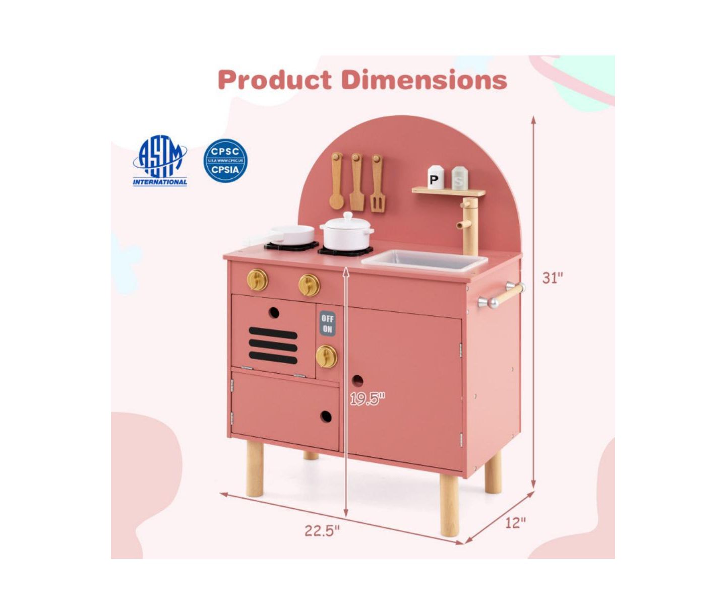 Детские игрушки HONGGE Interactive Cooking Wooden Play Kitchen Set with Built-In Storage, Ages 3+, цвет: Розовый — фото 3