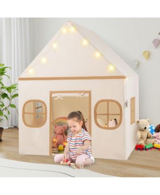 Kids Indoor Play Tent with Windows Star Lights Mat and Storage Pockets