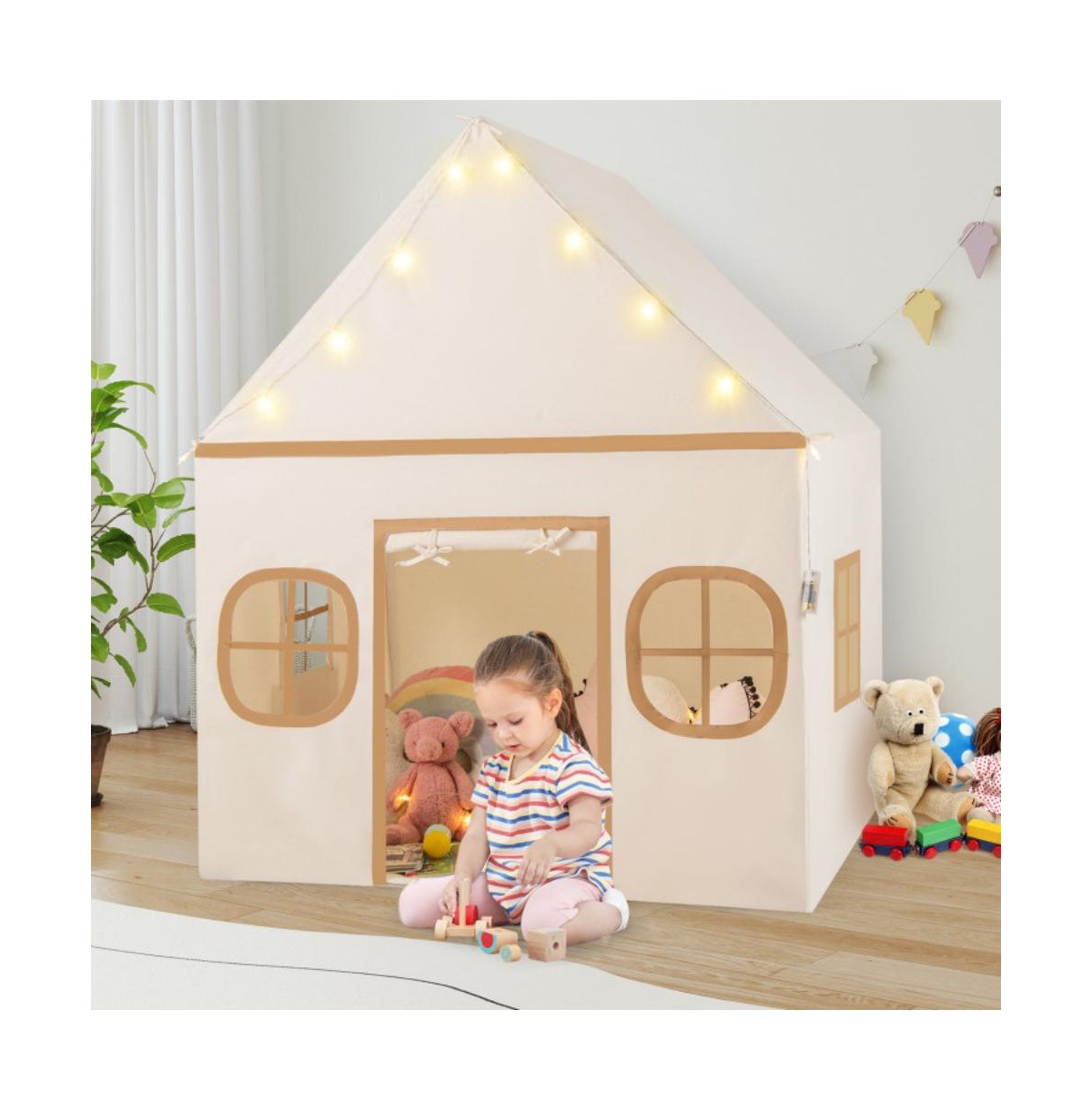 Kids Indoor Play Tent with Windows Star Lights Mat and Storage Pockets