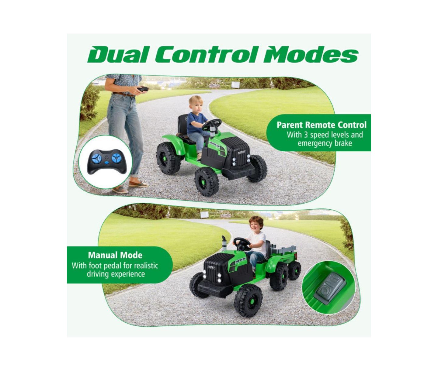 Детская игрушка HONGGE 24V Ride-On Tractor with Detachable Trailer and Remote Control, от 3 лет, цвет: Зелёный — фото 5
