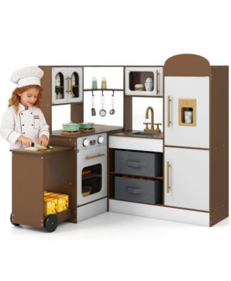 Kids Corner Wooden Play Kitchen with Lights Sounds Retractable Countertop and Storage