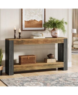 63-Inch Long Console Table for Entryway, Farmhouse Wood Sofa Table, Rustic Brown & Black