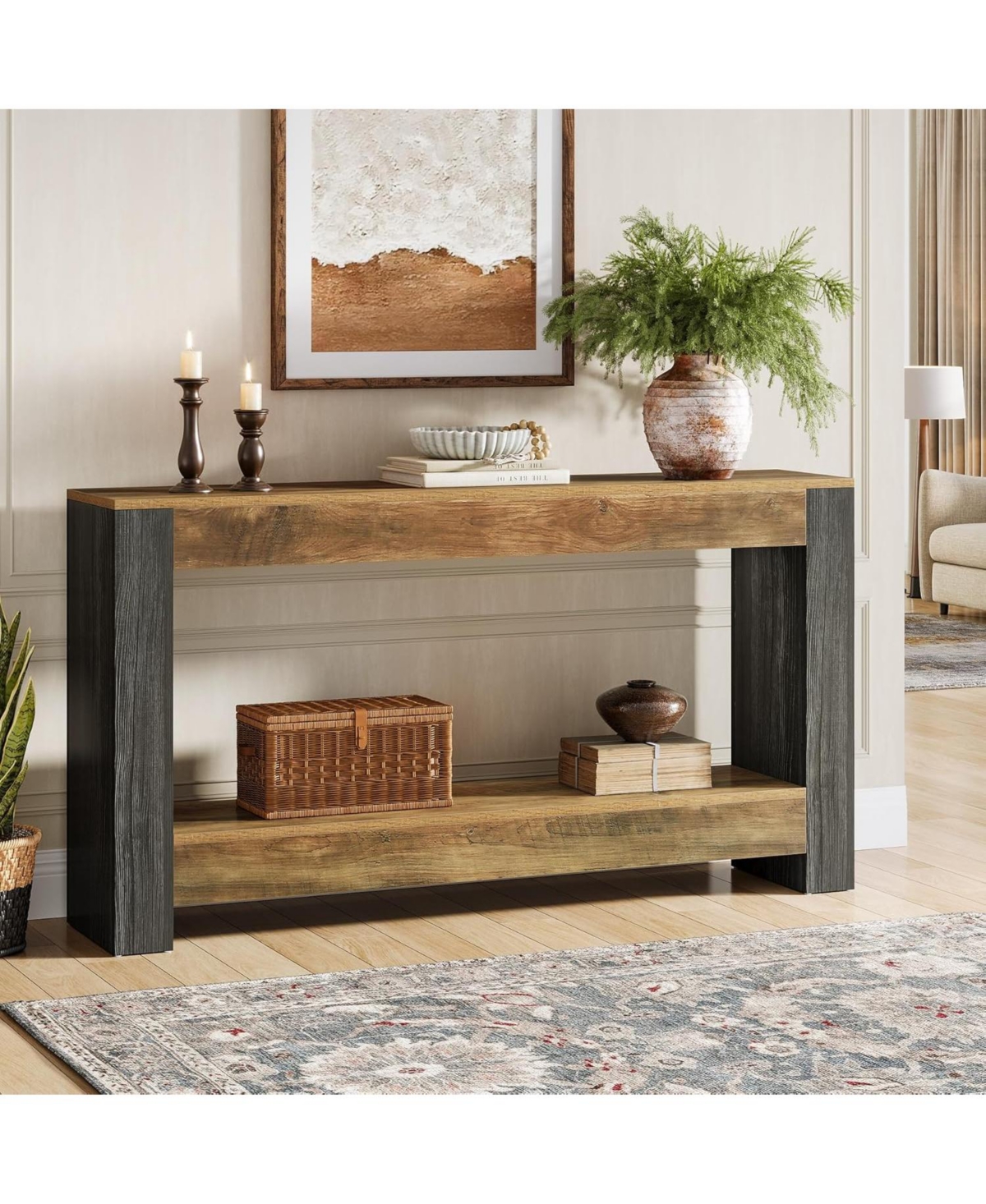 Tribesigns 63-Inch Long Console Table for Entryway, Farmhouse Wood Sofa Table, Rustic Brown & Black